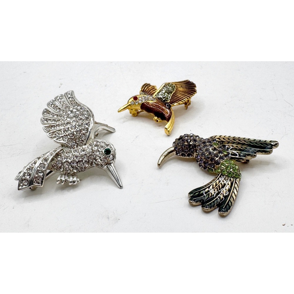 Hummingbird Brooch Pin Set 3pc Rhinestone Enamel Crystal Silver Gold Tone Bird